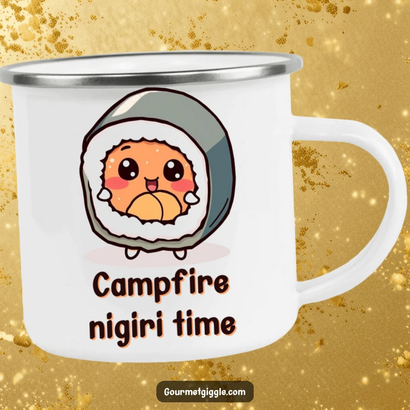 Funny delighted sushi roll with expressive eyes, joyfully dancing on a durable and cheerful camping mug.