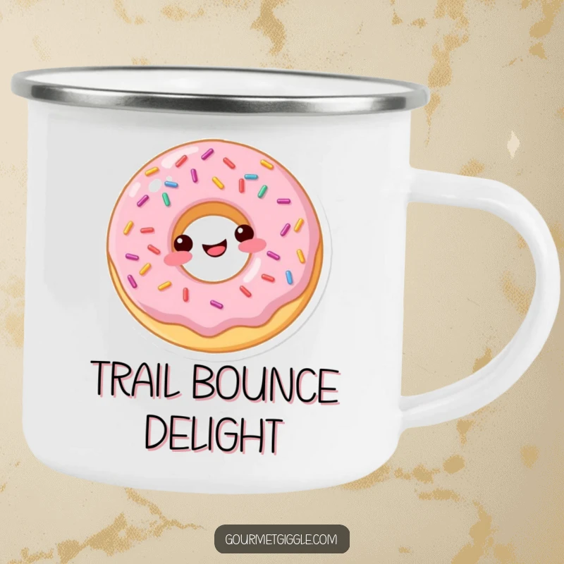 Funny donut camping mug, robust and cheerful, depicting a happily bouncing sprinkled donut.