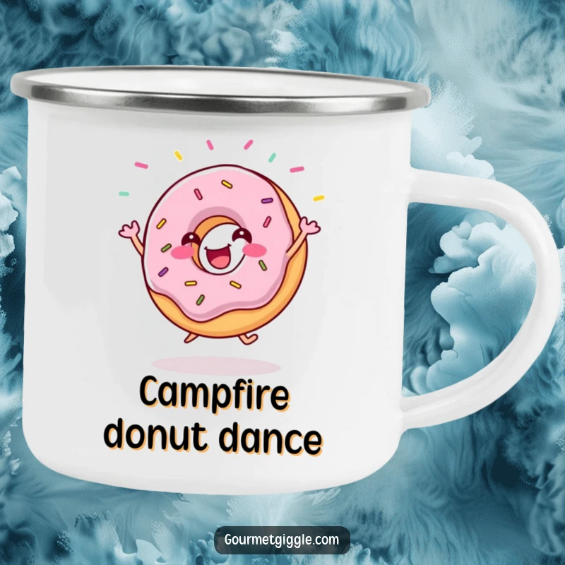 Funny donut camping mug featuring a gleeful donut doing a happy jig with sprinkles flying. Sturdy and portable for outdoor enjoyment.