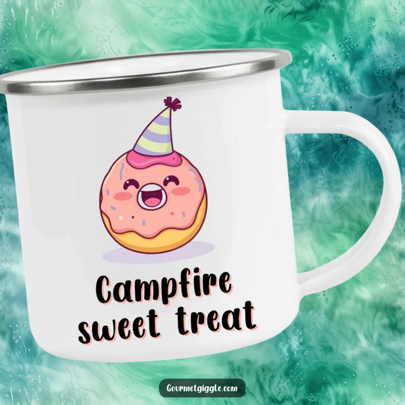 Funny delighted donut character wearing a tiny party hat on a camping mug, a cheerful enamel cup for outdoor fun, a funny gift.