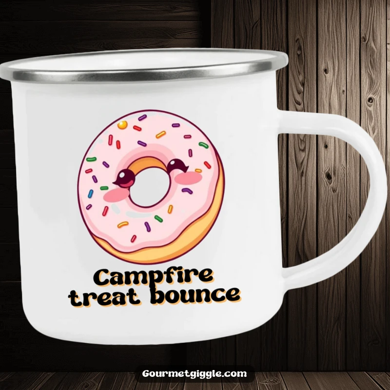 Funny Giggling Donut Camping Mug: A durable mug featuring a giggling donut with bouncing sprinkles, ideal for outdoor enjoyment and sweet, humorous sips.