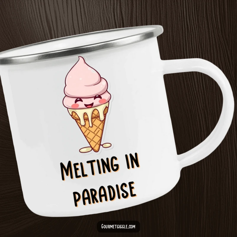 Funny Cat Camping Mug portraying a giggling ice cream cone with melting drips, ideal for sweet outdoor moments.