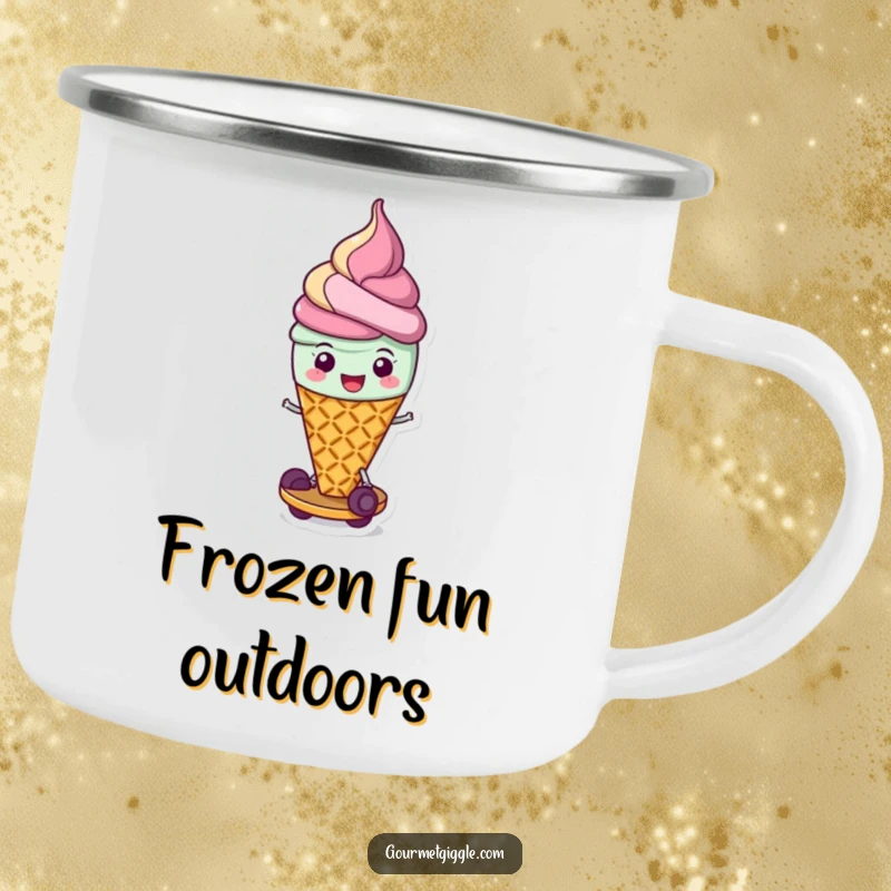 Funny camping mug with a cheerful ice cream cone scooting along on its waffle base, perfect for outdoor meals and adding a cheerful vibe to any adventure.