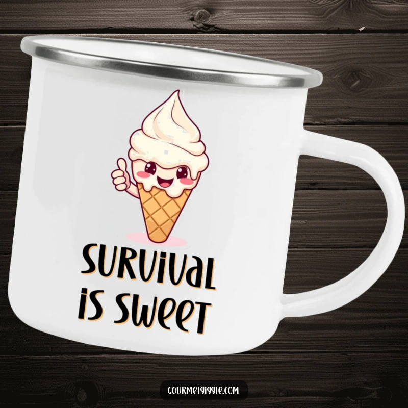 Funny ice cream camping mug with a melting cone giving a cheerful thumbs up. Perfect for outdoor enjoyment. Sturdy and sweet.