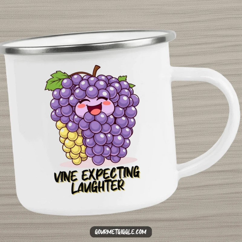 Funny laughing grapes camping mug, a durable enamel mug with a bunch of grapes wiggling and bouncing, ideal for outdoor humor.