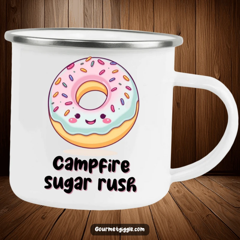 Funny camping mug with a smiling donut with sprinkles, bouncing happily, perfect for outdoor meals and adding a cheerful vibe to any adventure.
