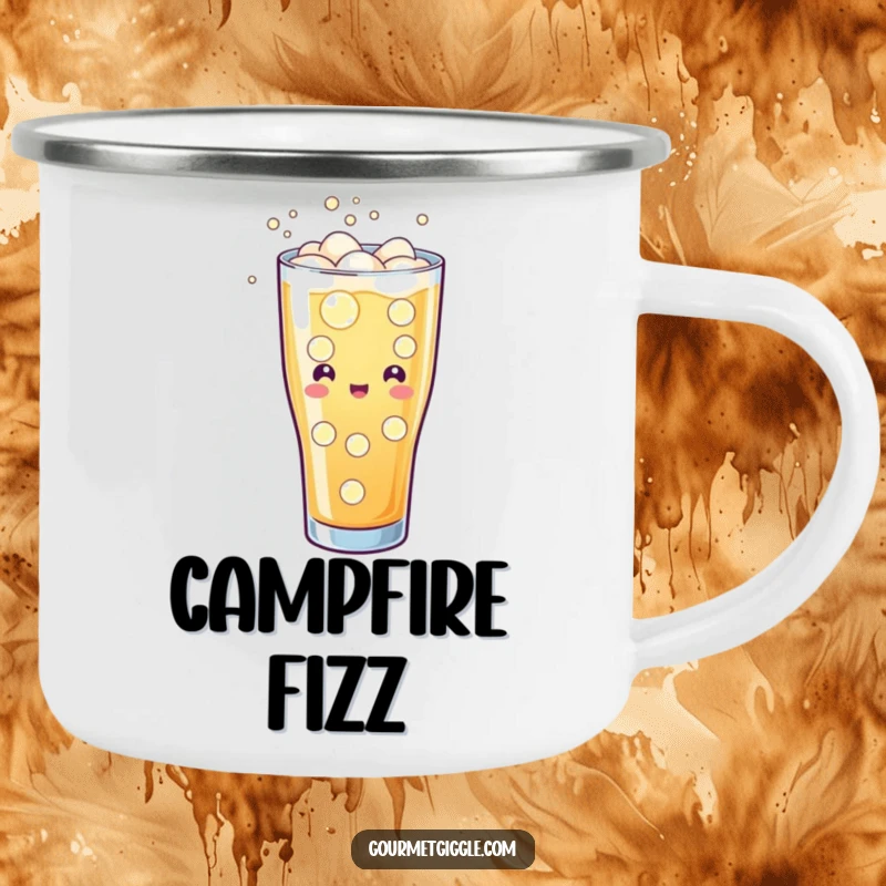 Funny camping mug showing a glass of soda with cheerful fizzing and bubbles, ideal for outdoor enjoyment and humor.