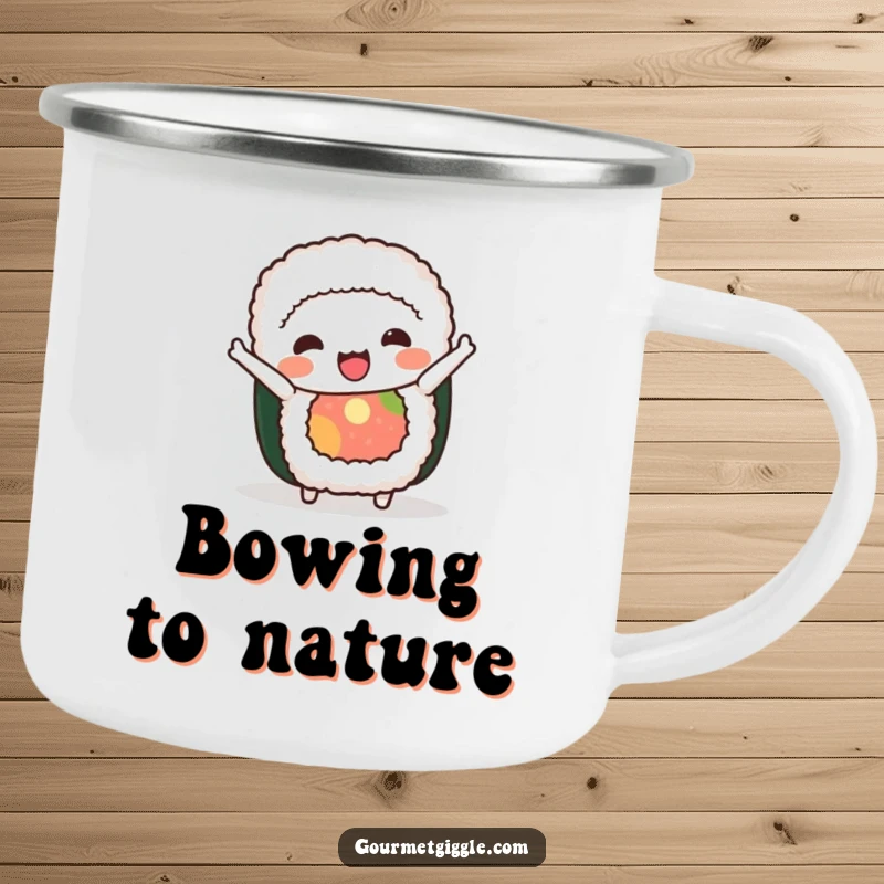 Funny sushi roll camping mug with a happy character doing a comical bow, perfect for outdoor enthusiasts seeking humor.