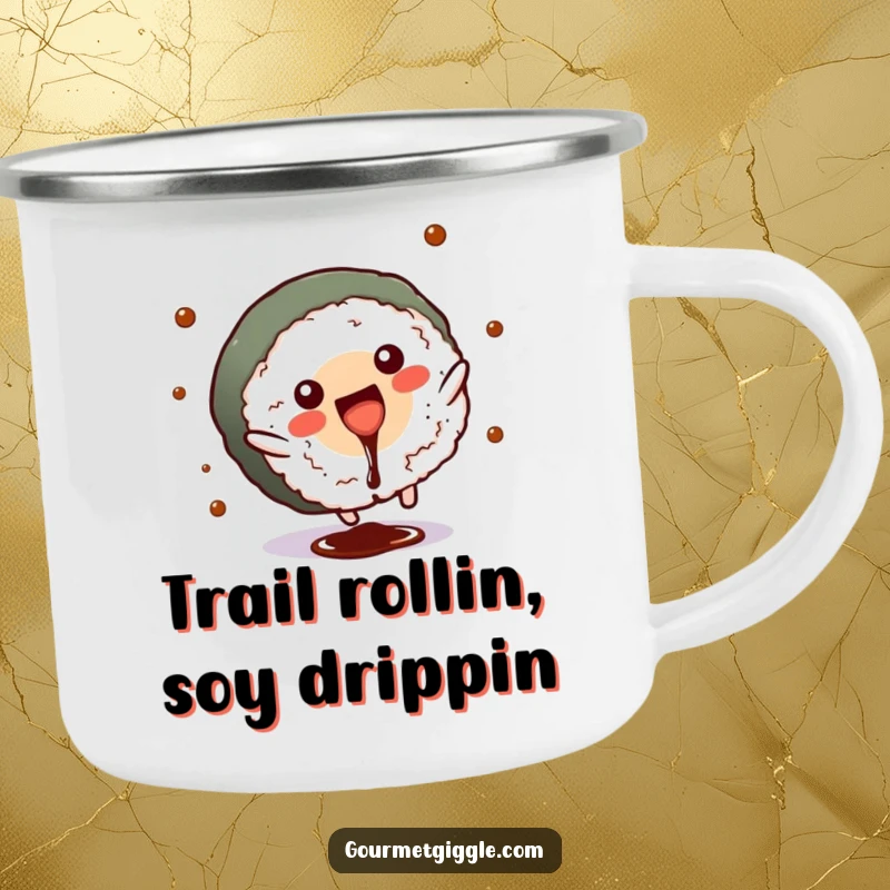 Funny sushi roll camping mug, sturdy and amusing, showing a cartwheel with soy sauce splash.