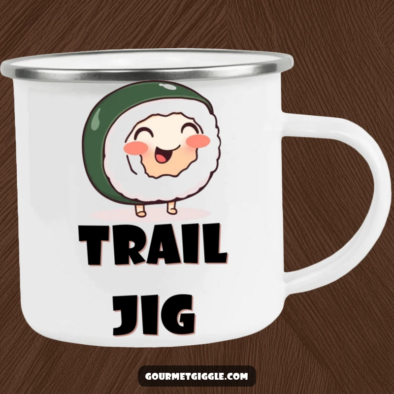 Funny camping mug with a cheerful, wobbly sushi roll doing a happy jig, perfect for outdoor adventures and humor.