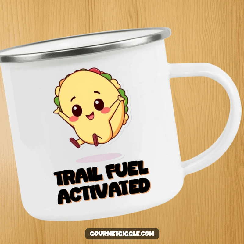 Funny cheerful taco character doing a cartwheel on a camping mug, an energetic enamel cup for outdoor fun, a funny gift.