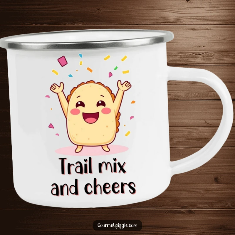 Funny taco camping mug with arms joyfully throwing confetti, perfect for outdoor adventures and humorous beverages.