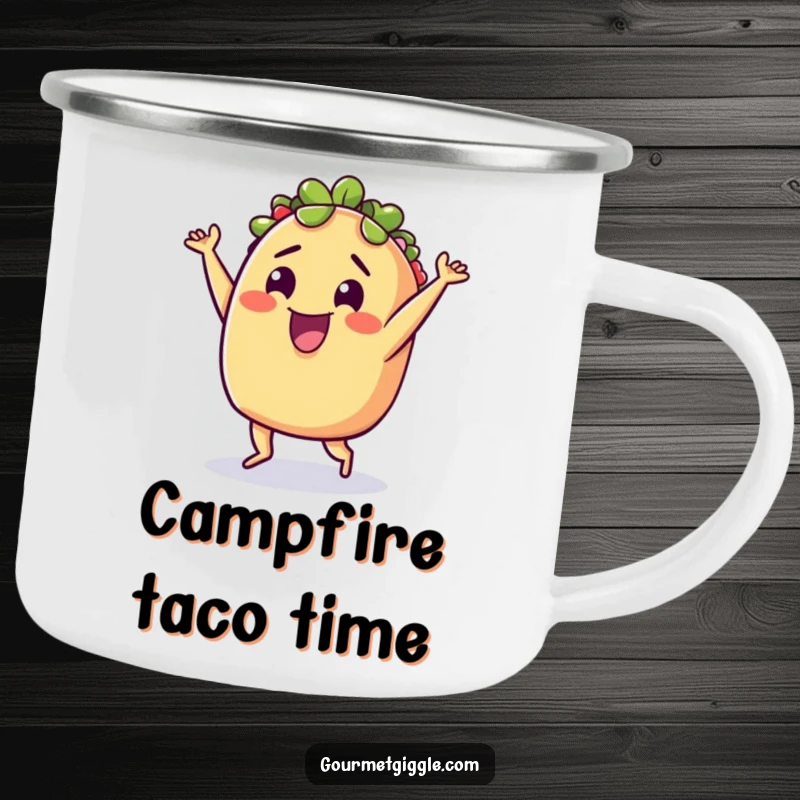Funny Camping Mug: A delighted taco doing a silly little dance, perfect for outdoor drinks with festive, Mexican flair.
