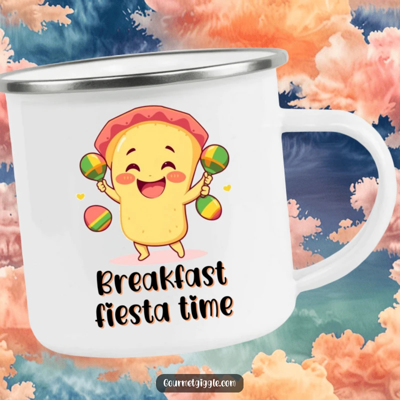 Funny taco camping mug featuring a smiling taco juggling three mini maracas with giddy excitement, perfect for rugged, festive fun.