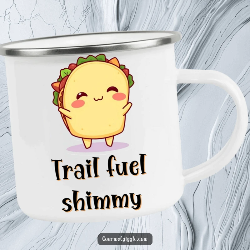 Funny Taco Camping Mug: A durable mug with a happy taco shimmying, its filling jiggling, designed for outdoor fun and hilarious moments.