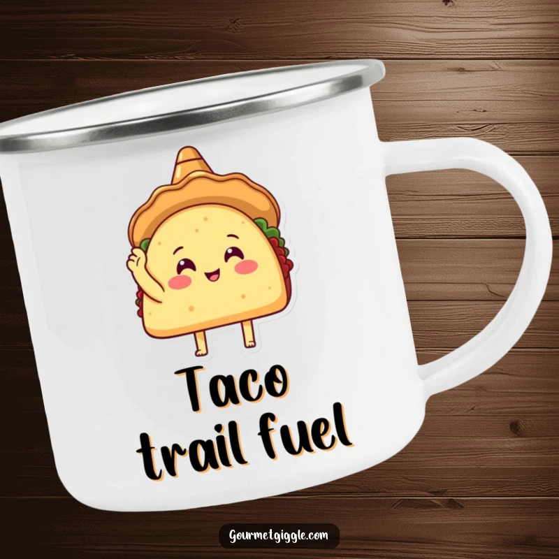 Funny Taco Sombrero Camping Mug featuring a happy taco in a sombrero tapping its shell, ideal for outdoor enthusiasts who enjoy a laugh.