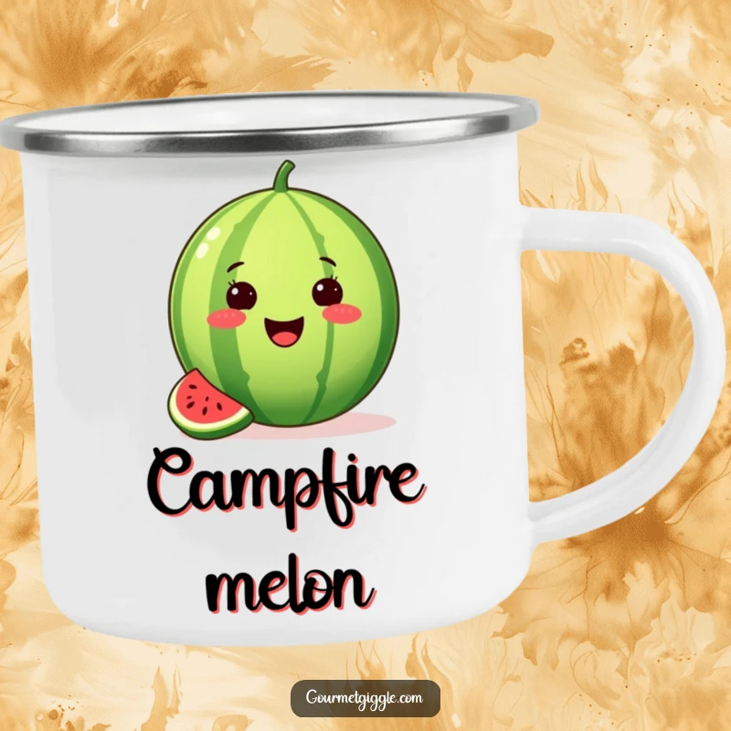 Funny camping mug showing a proud watermelon with a missing slice, beaming with summer joy, ideal for outdoor drinks.