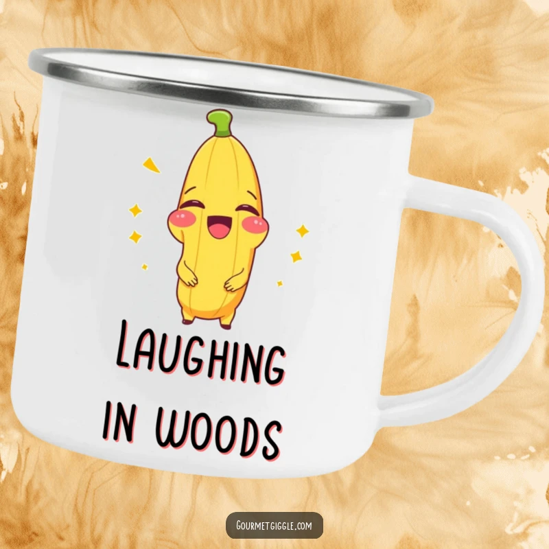Funny camping mug showing a beaming banana splitting with laughter, ideal for enjoying drinks outdoors with humor.