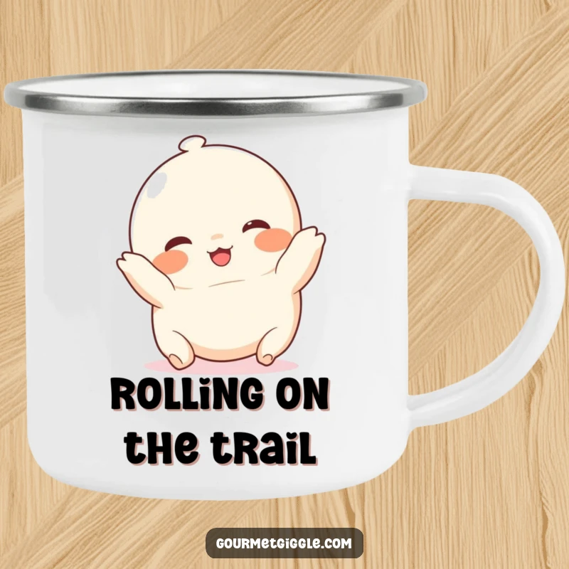 Funny chubby dumpling camping mug, a rosy-cheeked food character happily tumbling, ready for hot beverages and outdoor fun.