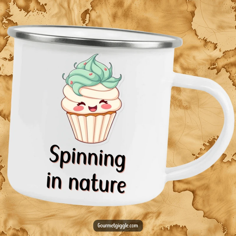 Funny cupcake camping mug featuring a happy character with frosting hair spinning with excitement. Sturdy and portable for outdoor use.