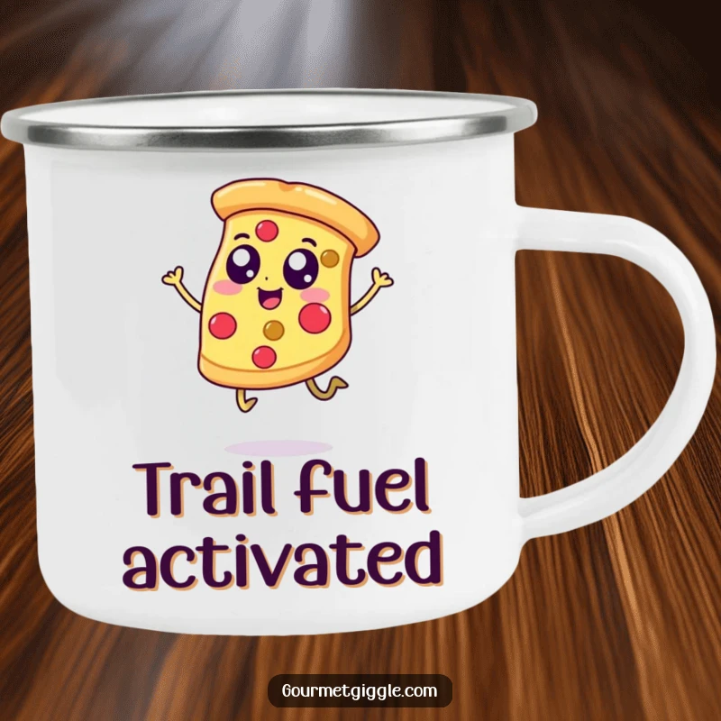 Funny camping mug with a happy, jumping pizza slice, perfect for outdoor meals and adding a cheerful vibe to any adventure.