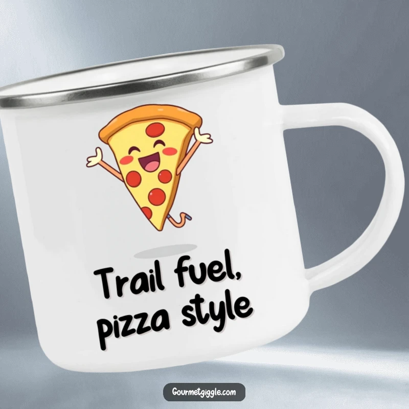 Funny camping mug featuring a smiling pizza slice in a joyful jump, perfect for happy campers with a love for pizza.