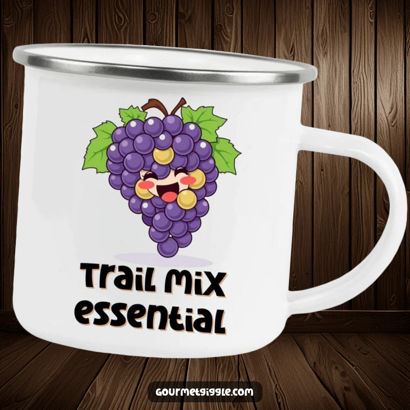 Funny Camping Mug showcasing a happy bunch of grapes joyfully rolling, perfect for adding humor to outdoor adventures.