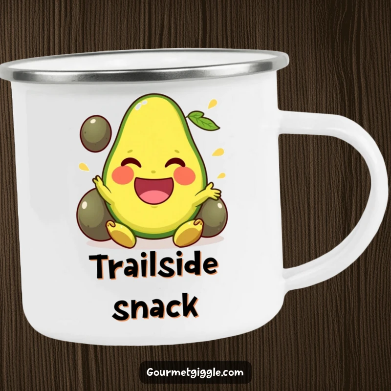 Funny Camping Mug showcasing a happy avocado masterfully juggling pits, perfect for bringing cheer to outdoor adventures.