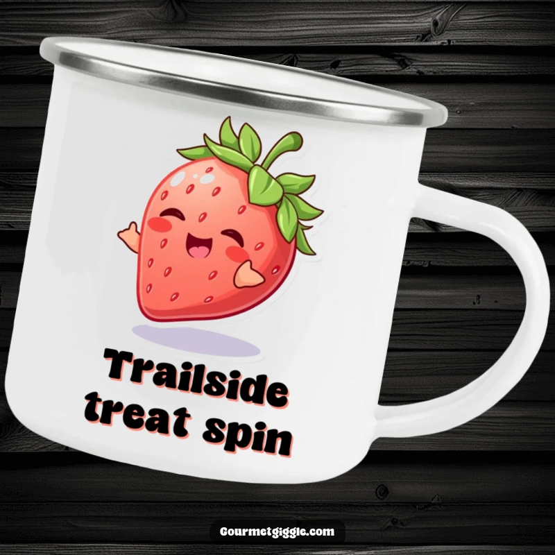 Funny Strawberry Camping Mug showcasing a giggling strawberry engaged in a playful spin, ready for outdoor sweetness and fun.