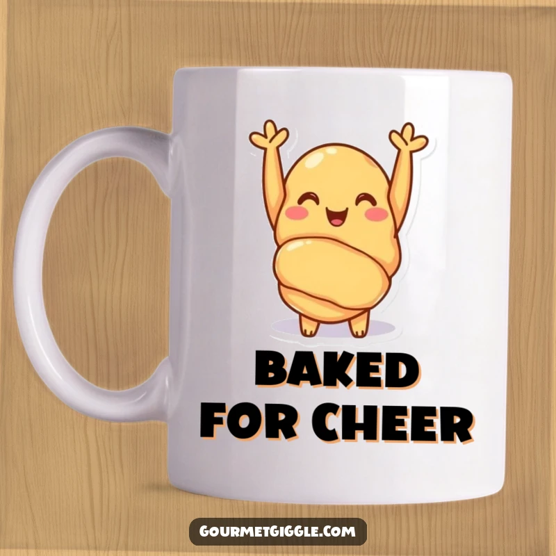 Funny croissant mug with tiny arms raised in a happy cheer, spreading warmth and buttery joy. A delightful breakfast companion.