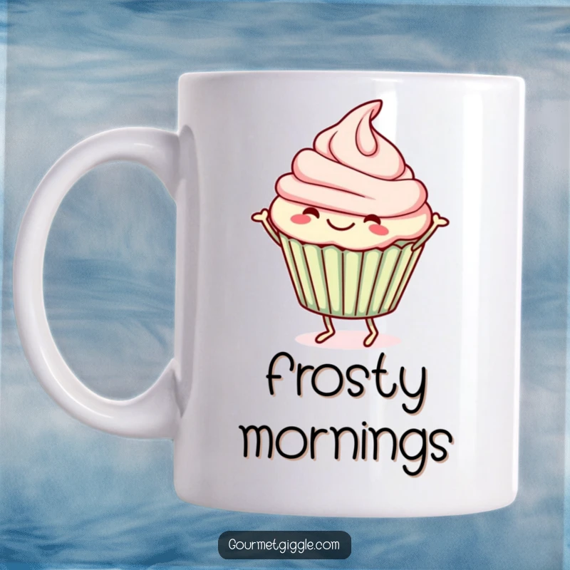 Funny Mug with a cheerful cupcake performing a lively jig, frosting in motion, full of sweet delight.