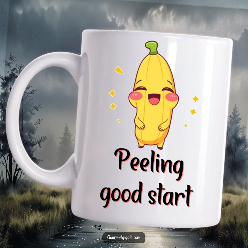 Funny banana mug with a beaming face splitting with laughter, conveying pure comedic joy and silliness.