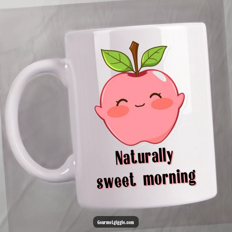 Funny apple mug with a blushing face and leaf hair, performing a playful curtsy. Sweet and charming character.