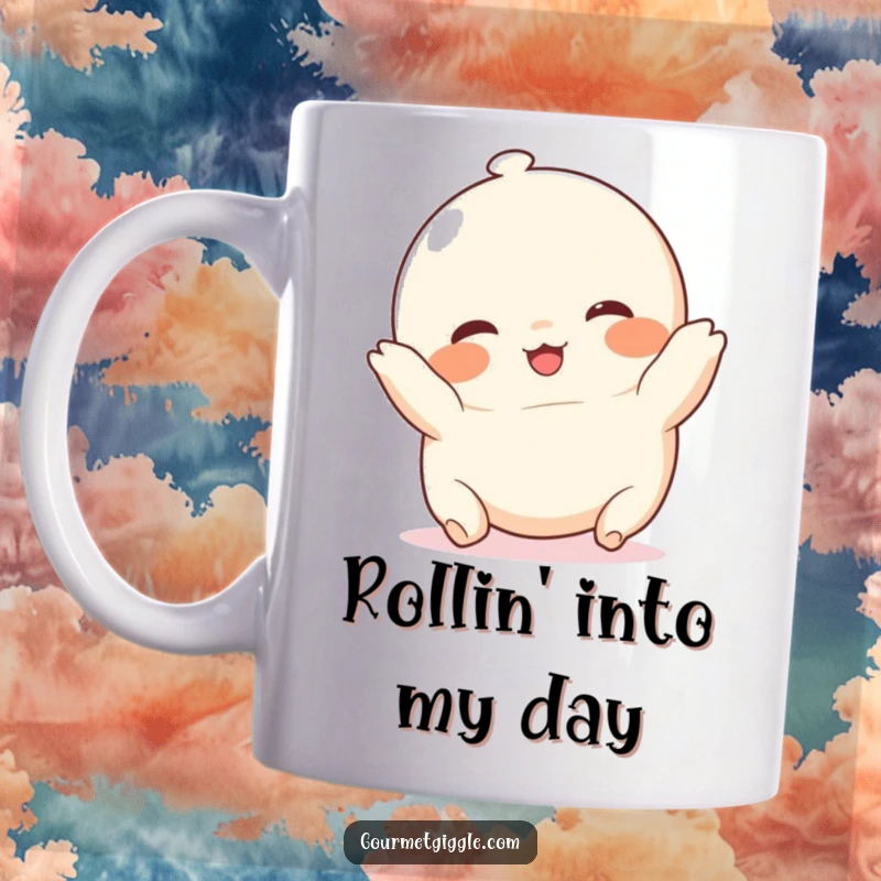 Funny chubby dumpling mug with rosy cheeks, captured mid-tumble with pure delight, a perfect treat for dim sum lovers.