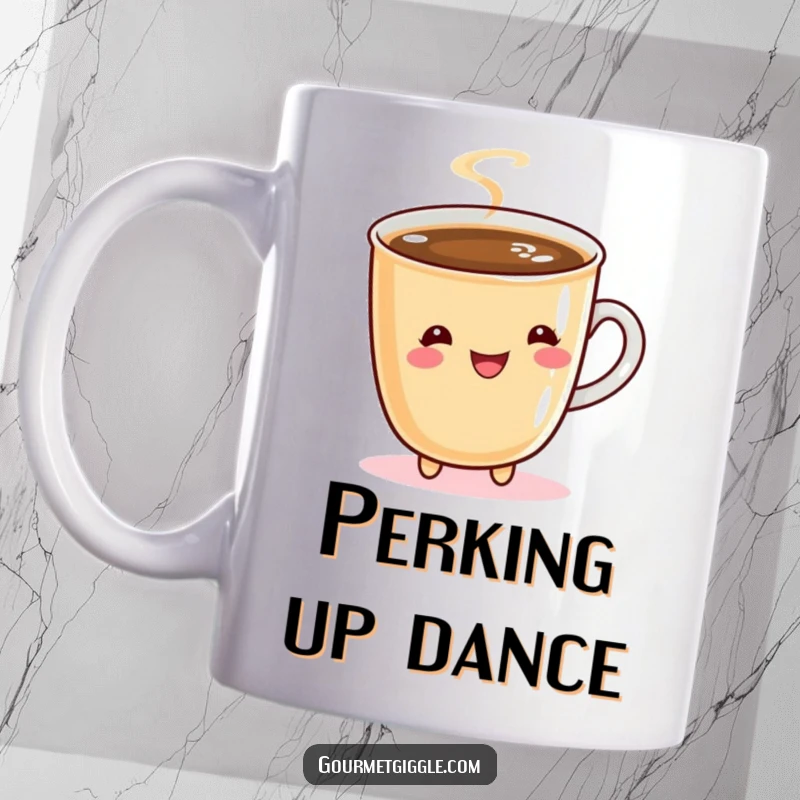 Funny coffee mug featuring a bubbly cup of coffee doing a cheerful little twirl, radiating energy and happiness.