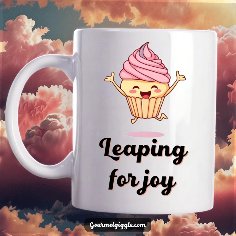 Funny cupcake mug with swirled frosting, captured mid-leap with pure, unadulterated happiness.
