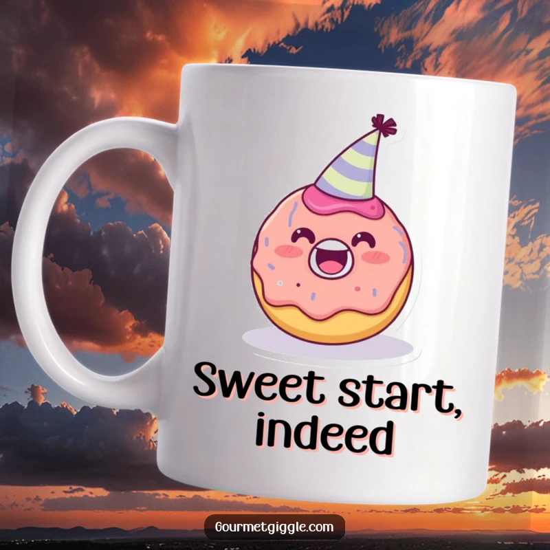 Funny delighted donut character wearing a tiny party hat on a mug, ready to celebrate, a sweet and funny gift.