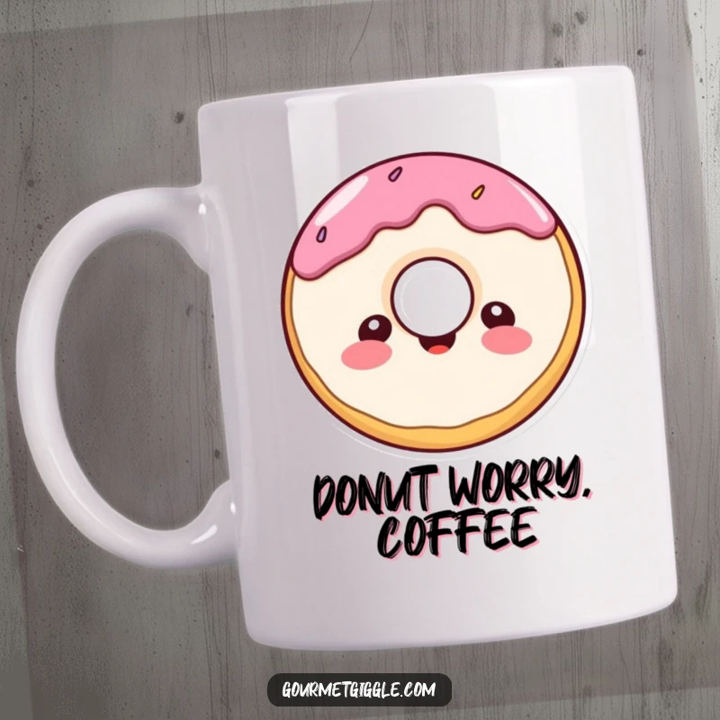 Funny donut character mug, a cheerful, round donut with a delighted expression, embodying sugary happiness.