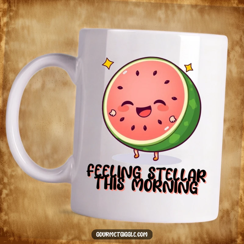 Funny watermelon mug featuring a giggling slice with star seeds doing cartwheels, radiating pure summer fun and energy. A joyful character.