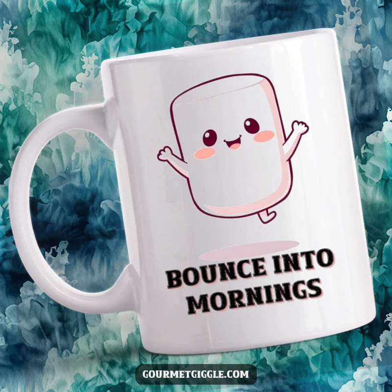 Funny Marshmallow Bounce Mug: A cheerful marshmallow happily bounces, radiating pure, fluffy joy and lighthearted fun.