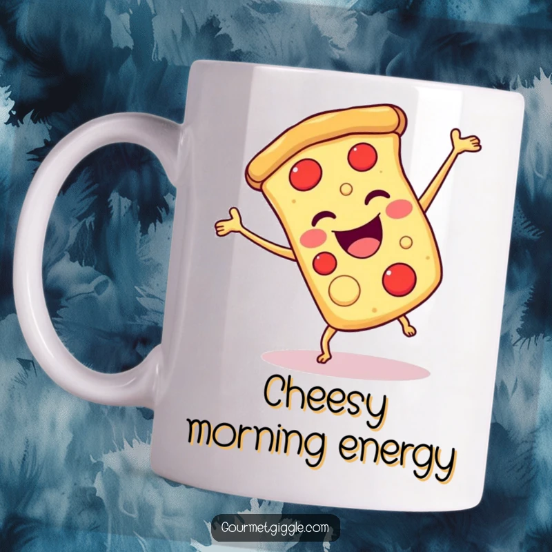 Funny pizza cartwheel mug featuring a smiling slice of pizza doing a joyful cartwheel, radiating cheesy happiness.