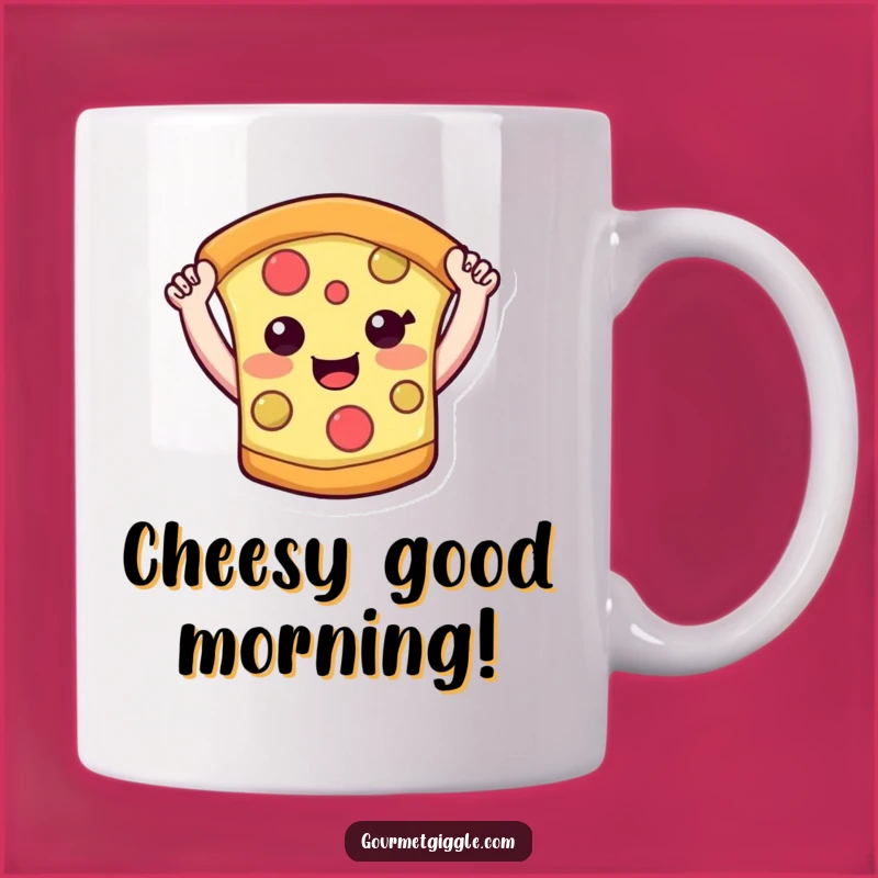 Funny Pizza Slice Mug: Smiling Arms Raised High - The Perfect Hilarious Gift!