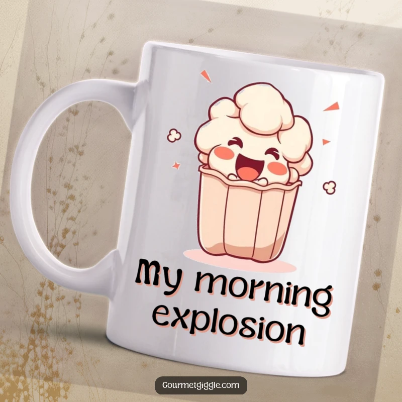 Funny popcorn kernel mug showing an excited character bursting out of a bag with pure joy, perfect for movie lovers.