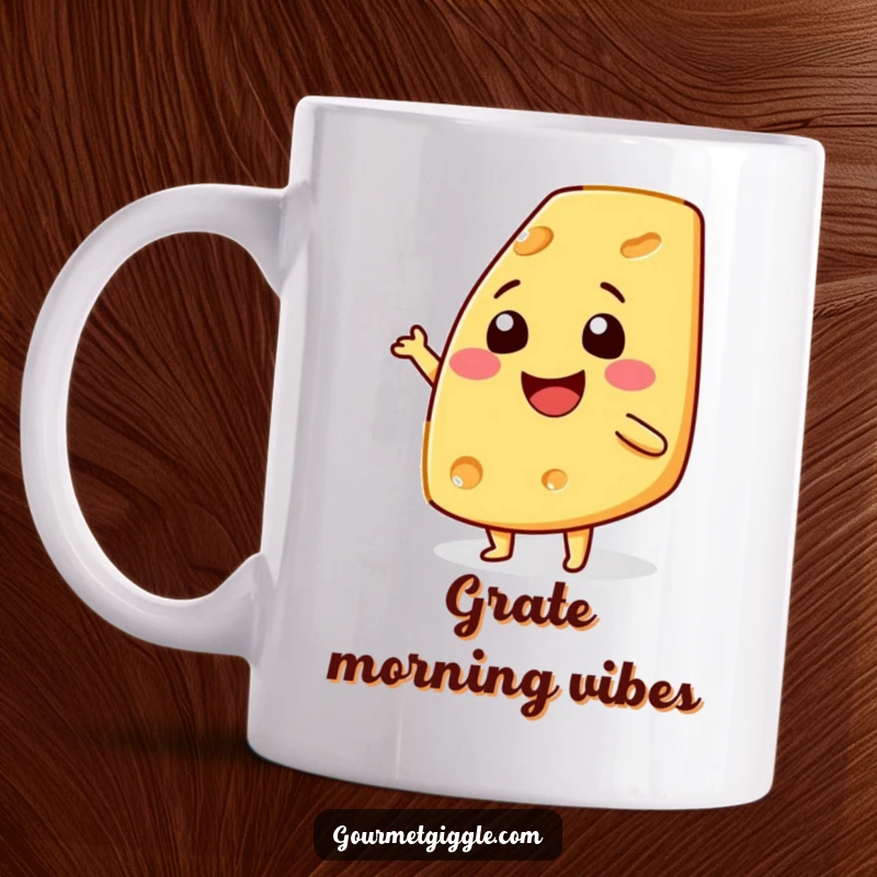 Funny smiling cheese wedge mug, doing a happy shimmy dance, cheddar yellow, ideal for breakfast and coffee lovers, brings cheesy joy.