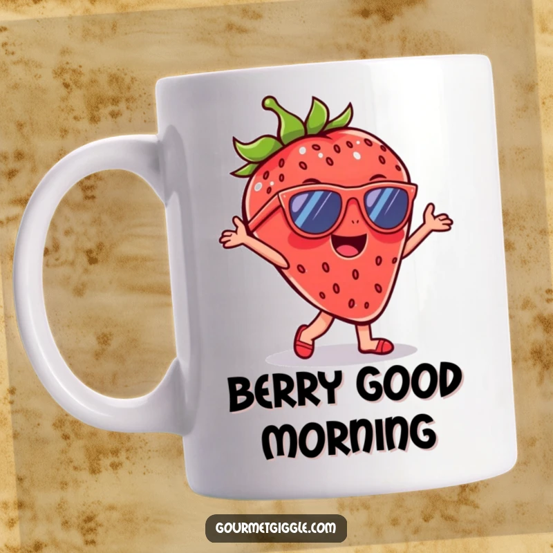 Funny Strawberry Dance Mug showing a cheerful strawberry wearing sunglasses and grooving, radiating cool vibes and fruity fun.