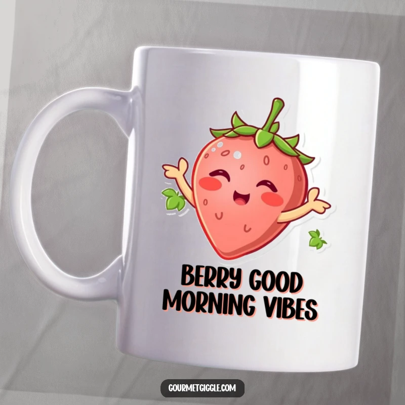 Smiling strawberry wiggling its green leaves like tiny arms, radiating joy and humor on a cute mug.