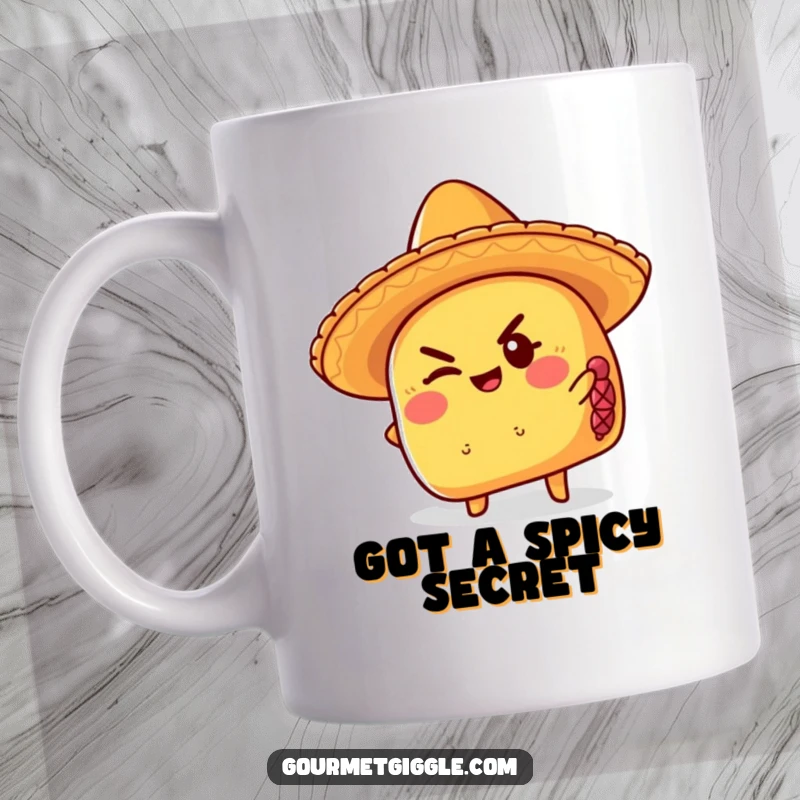 Funny taco mug wearing a sombrero, giving a mischievous wink, ready for fiesta and humorous celebrations.