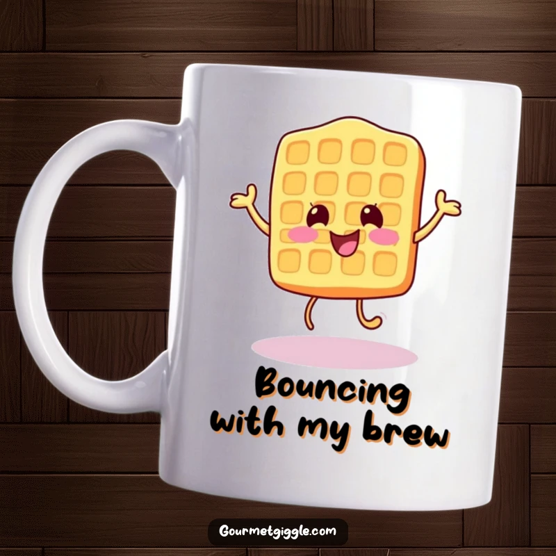 Funny Mug featuring a cheerful waffle character doing a happy little bounce, radiating morning joy.