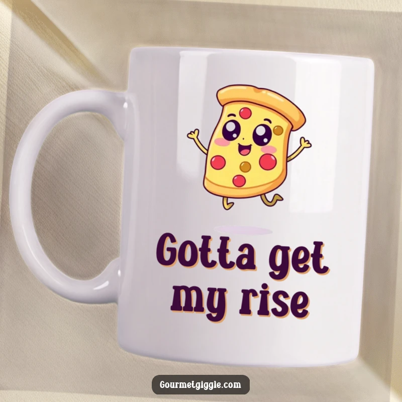 Funny mug showcasing a happy, anthropomorphic pizza slice with legs, joyfully jumping, perfect for pizza enthusiasts and lovers of fun.