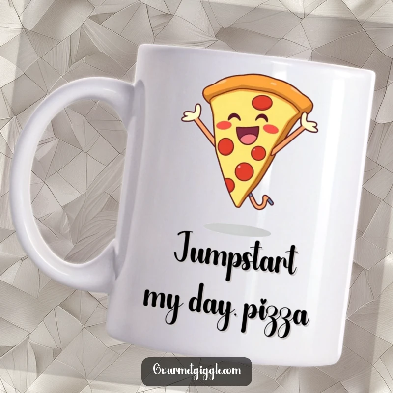 Funny mug showing a smiling slice of pizza mid-air, captured in a moment of pure, joyful jumping, embodying happiness.
